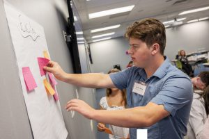 a young man with a blue shirt participates in a group activity by putting a post it note on a white sheet