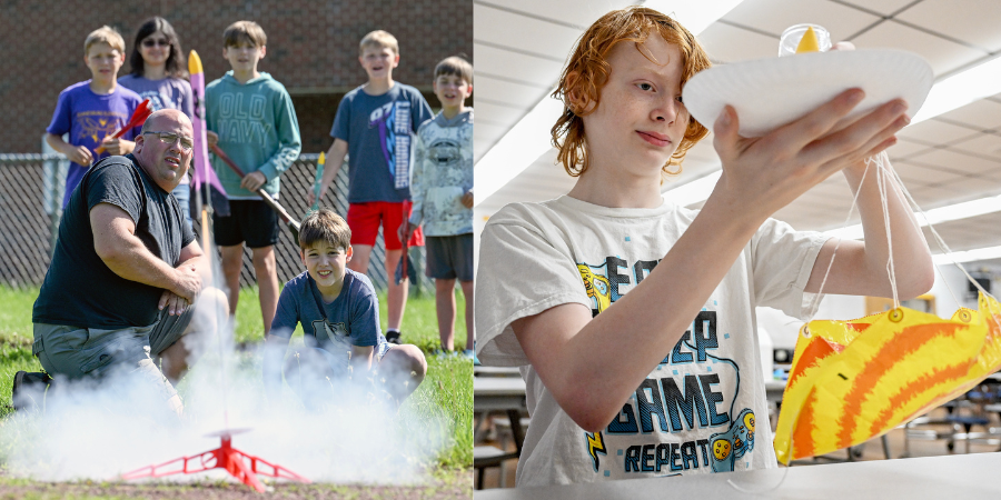a young student and his teacher launch a rocket, and another student creates an egg launch device
