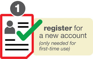 a graphic shows the text "register for a new account", with a red clipboard and a green checkmark