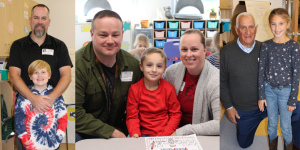 adult veterans pose with their children in their classrooms