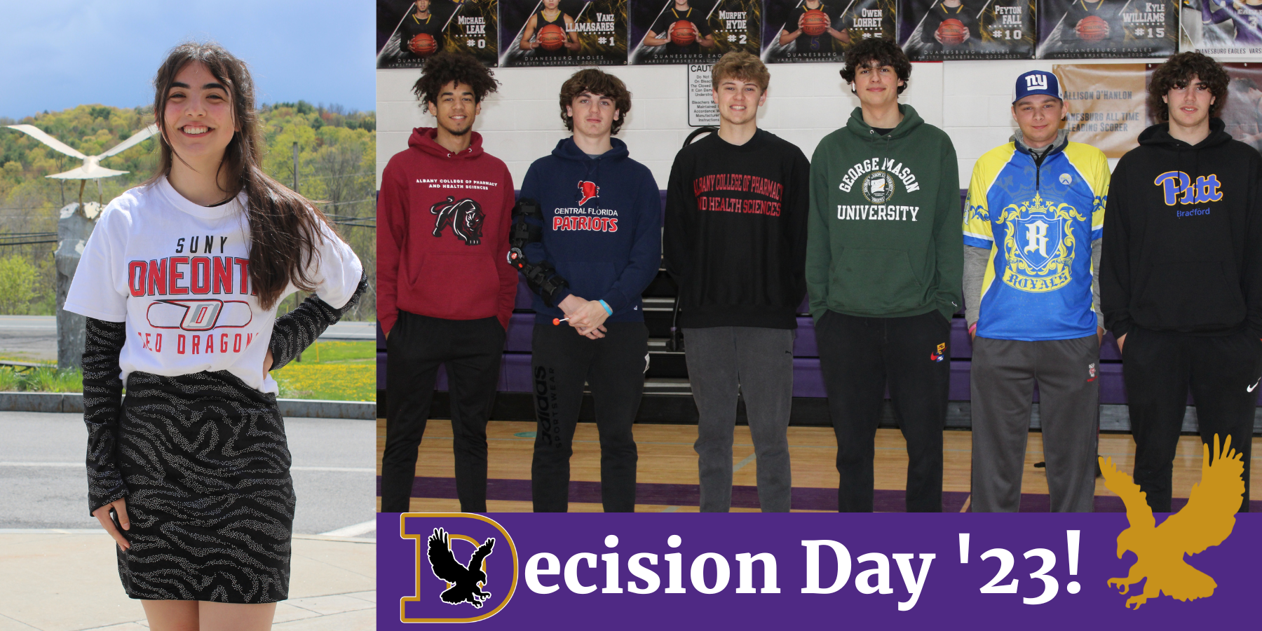six high school students wear sweatshirts with college logos on them