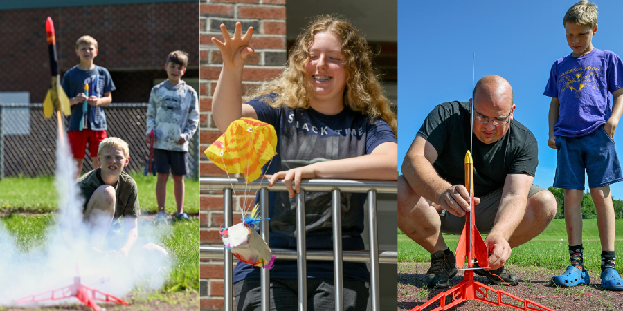 young students launch rockets and another student drops an egg launch device over a railing