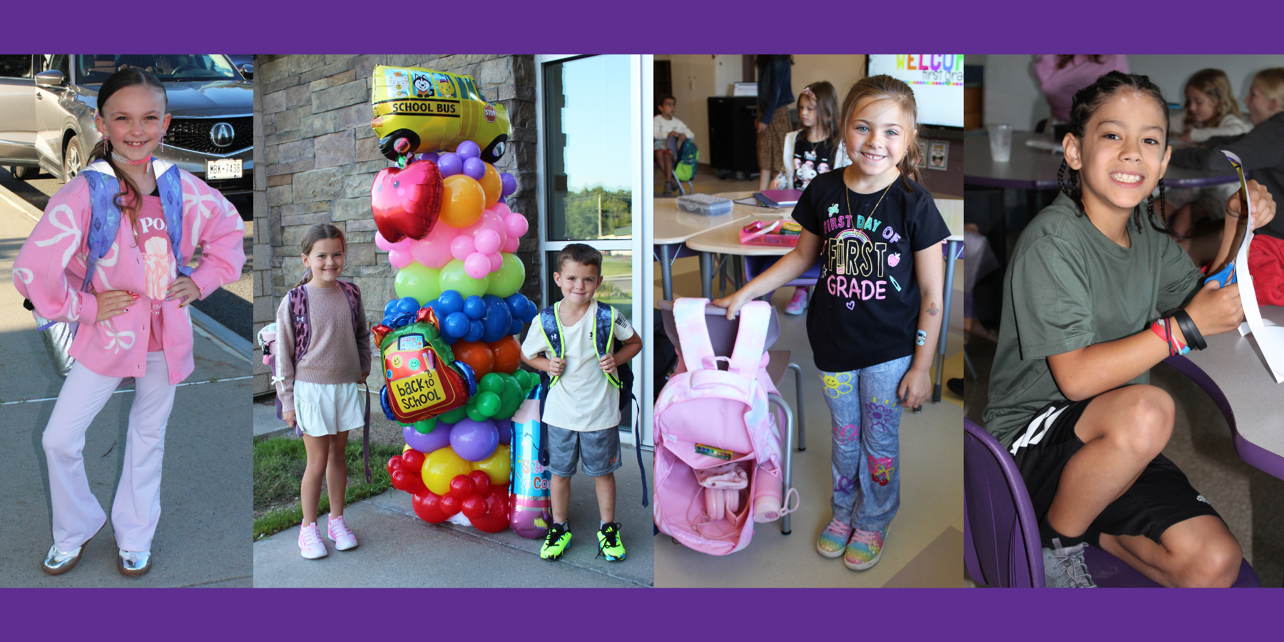 elementary students smile on their first day of school 