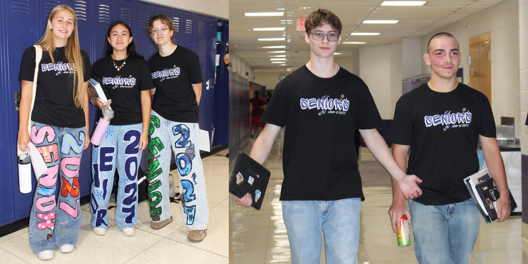 students wearing black t-shirts that read "Seniors" pose in a school