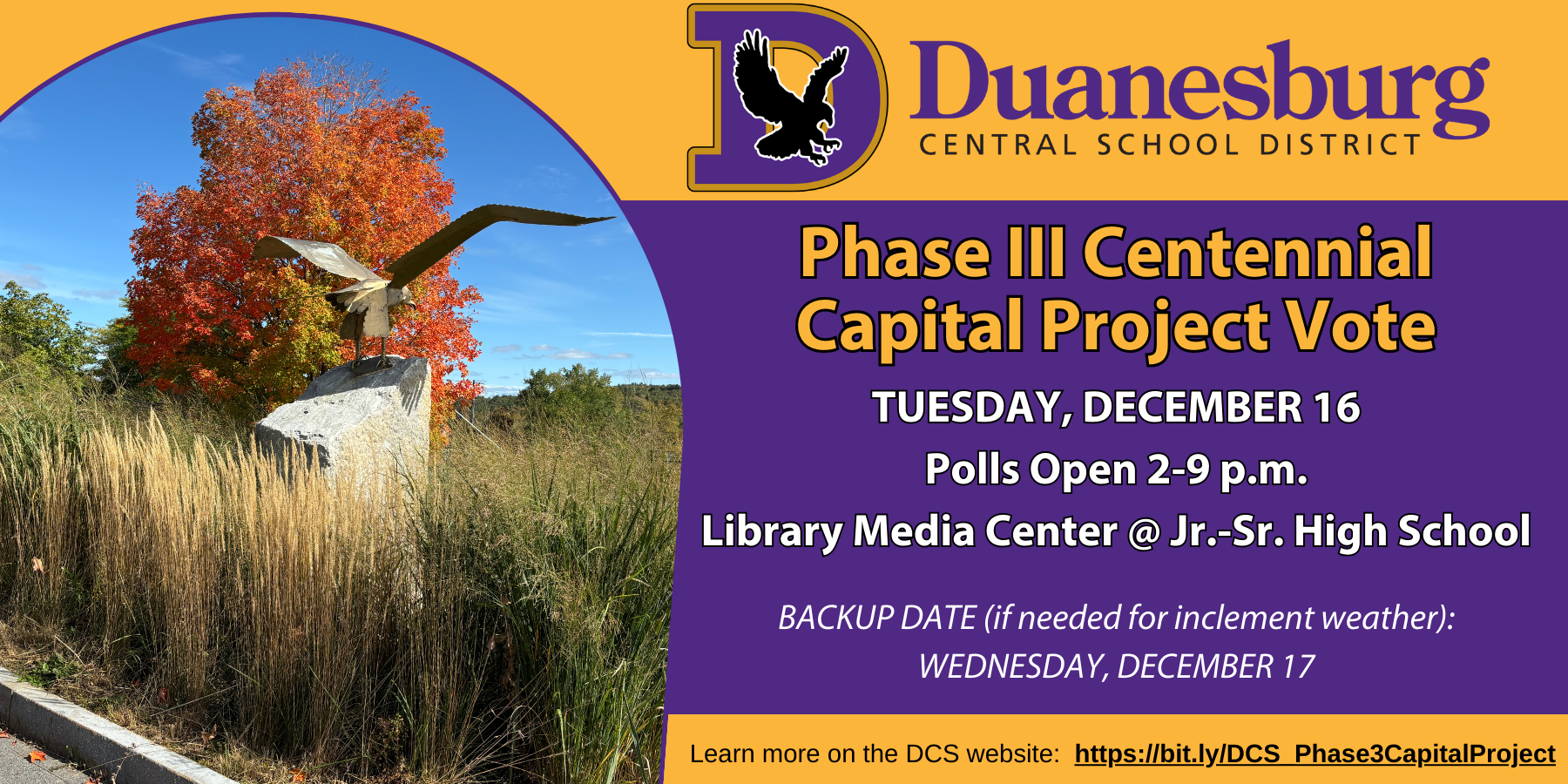 a graphis in purple and gold provides the date to vote on a capital project, along side a photo of an eagle statue and a colorful fall tree