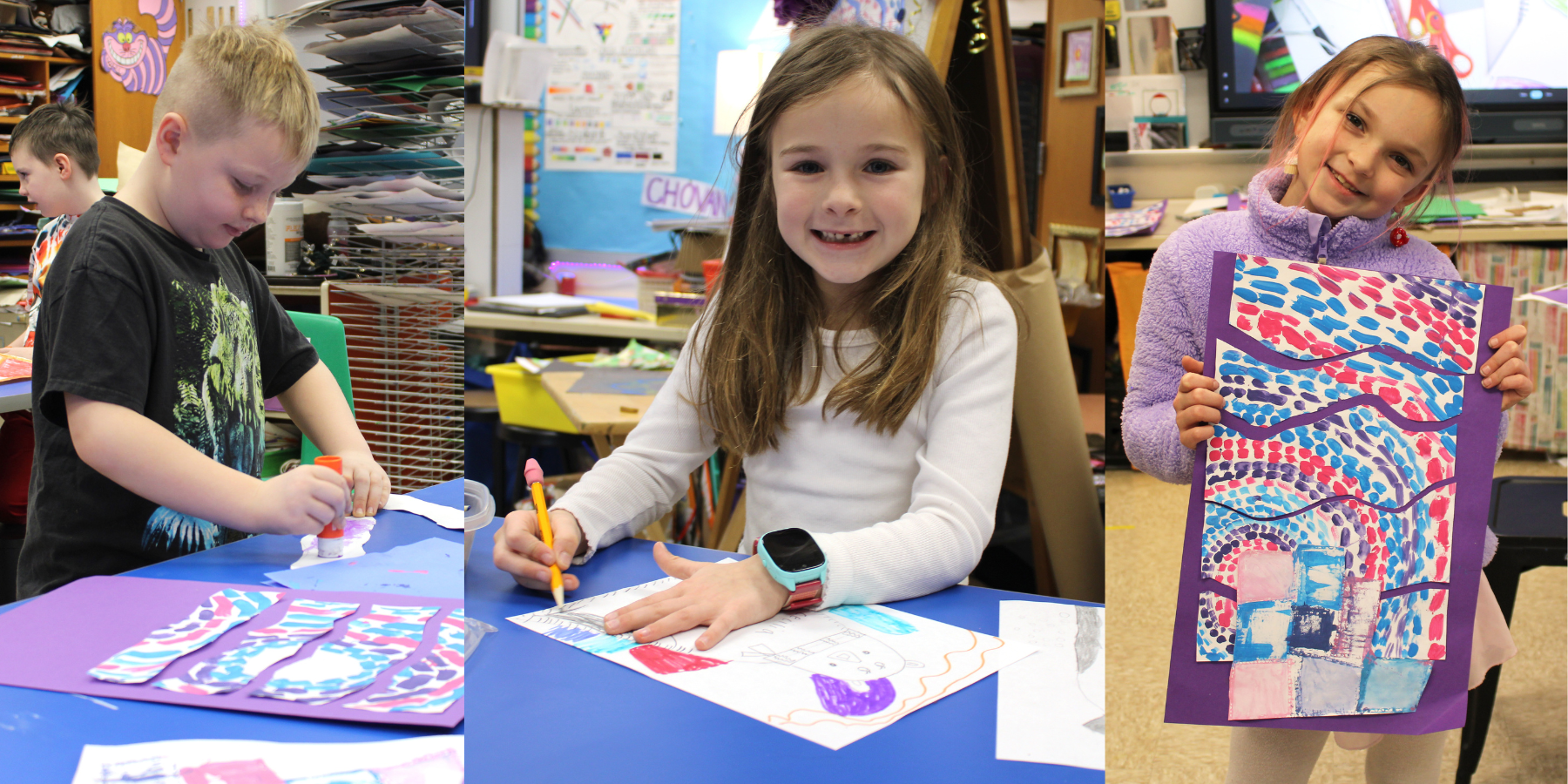 young students show off their creations in art class