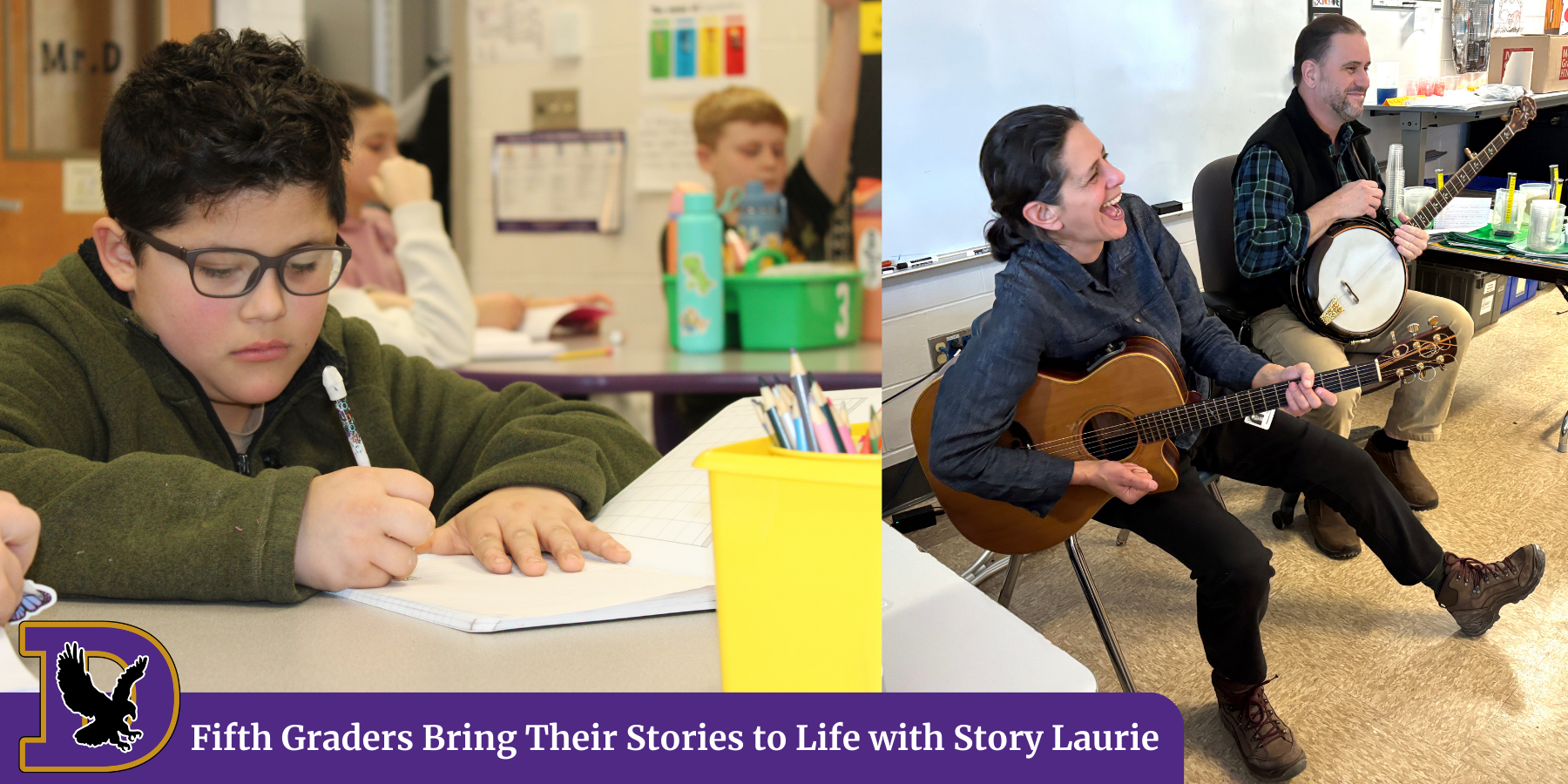 a young boy writes in a notebook, along side a woman playing guitar and a man playing banjo, with text that reads "Fifth Graders Bring Their Stories to Life with Story Laurie." 