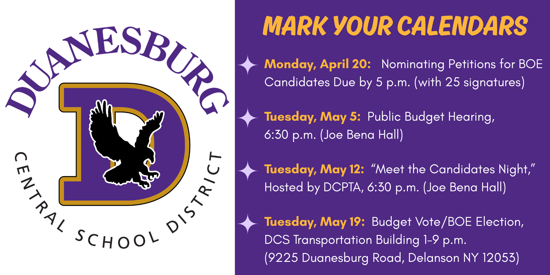a purple and gold logo is used in a graphic that includes the text "Mark Your Calendars" and dates of important events