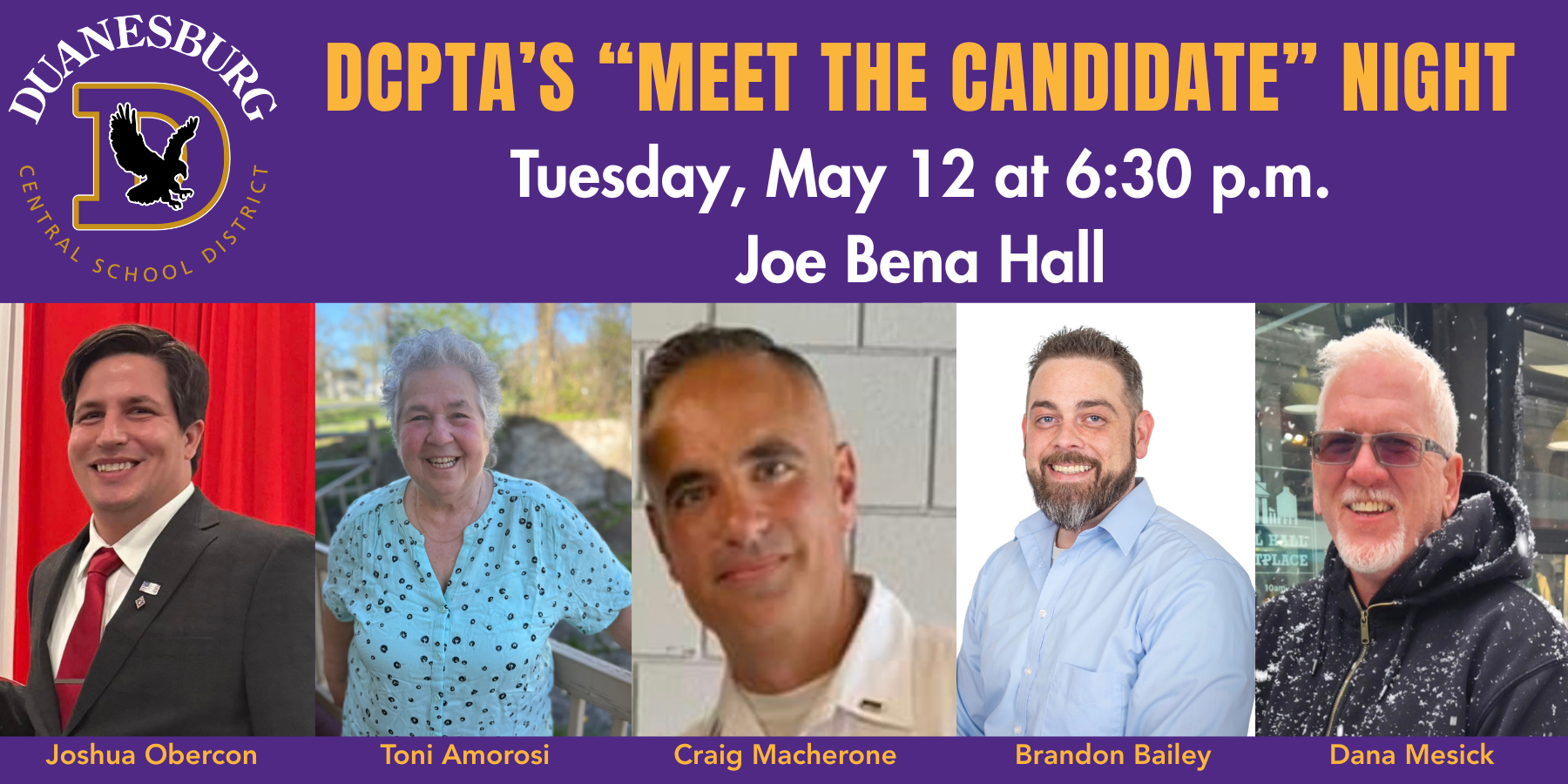 a graphic that has five headshots and the text "DCPTA's "Meet The Candidates Night""