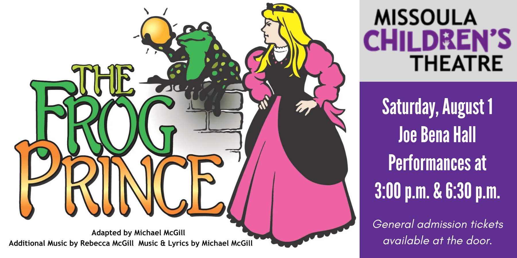 a theatrical production logo for "The Frog Prince" is next to text that gives the date and time of the show.