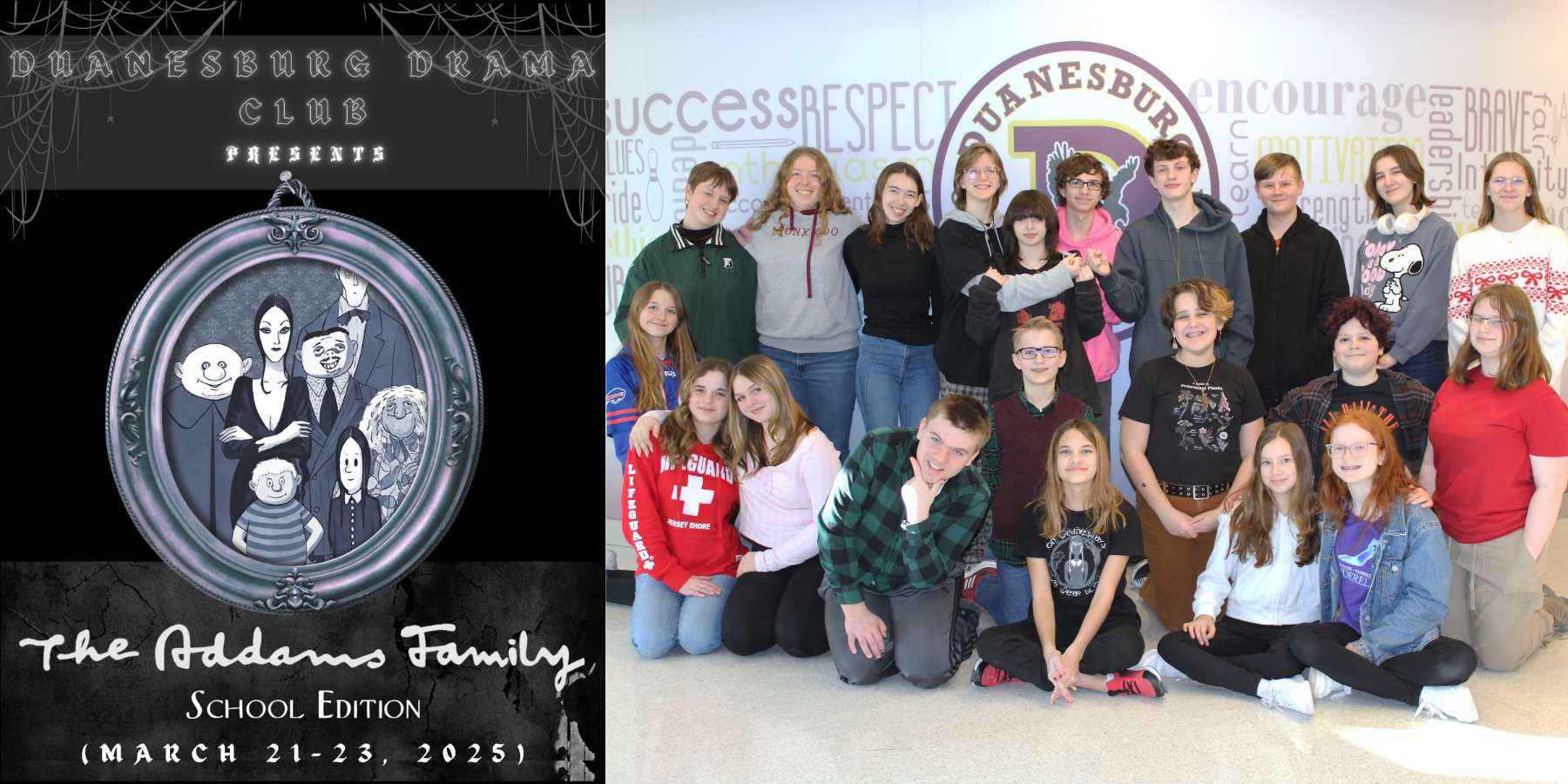 a group of students poses in front of their school logo, along with a black and white graphic promoting a theatrical performance of "The Addams Family."