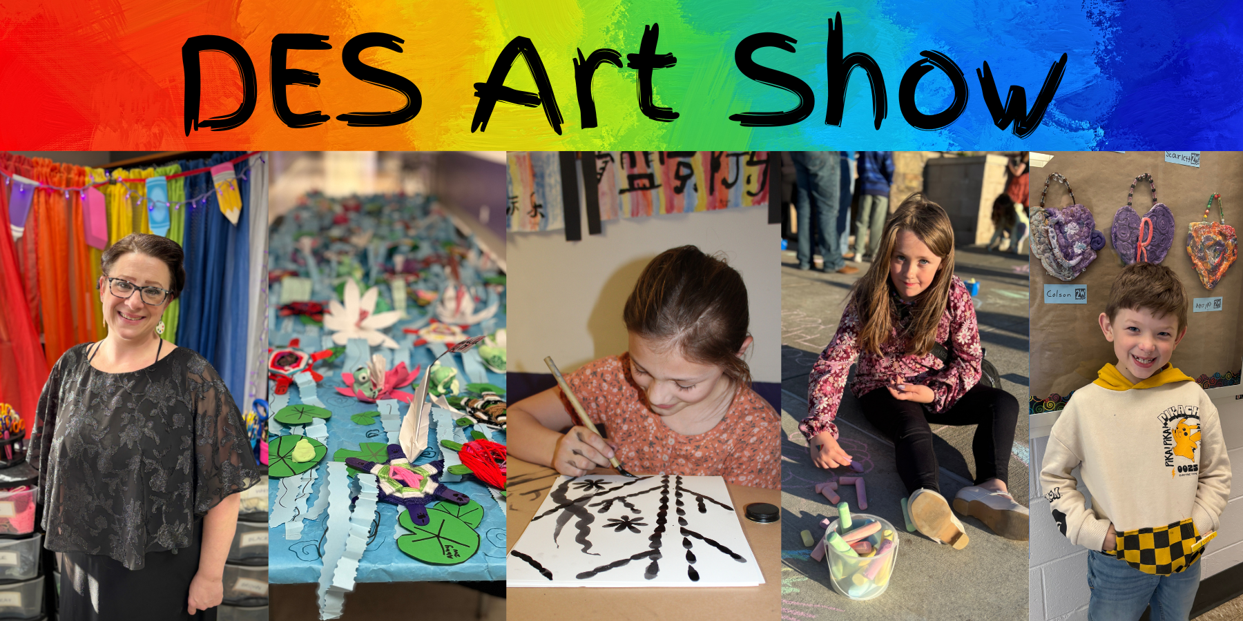 young students showcase their art with a rainbow background and the text "DES Art Show"
