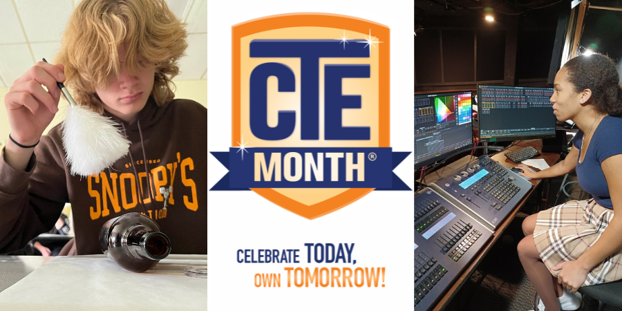two students are shown learning a trade, with a "CTE Month" logo in between them