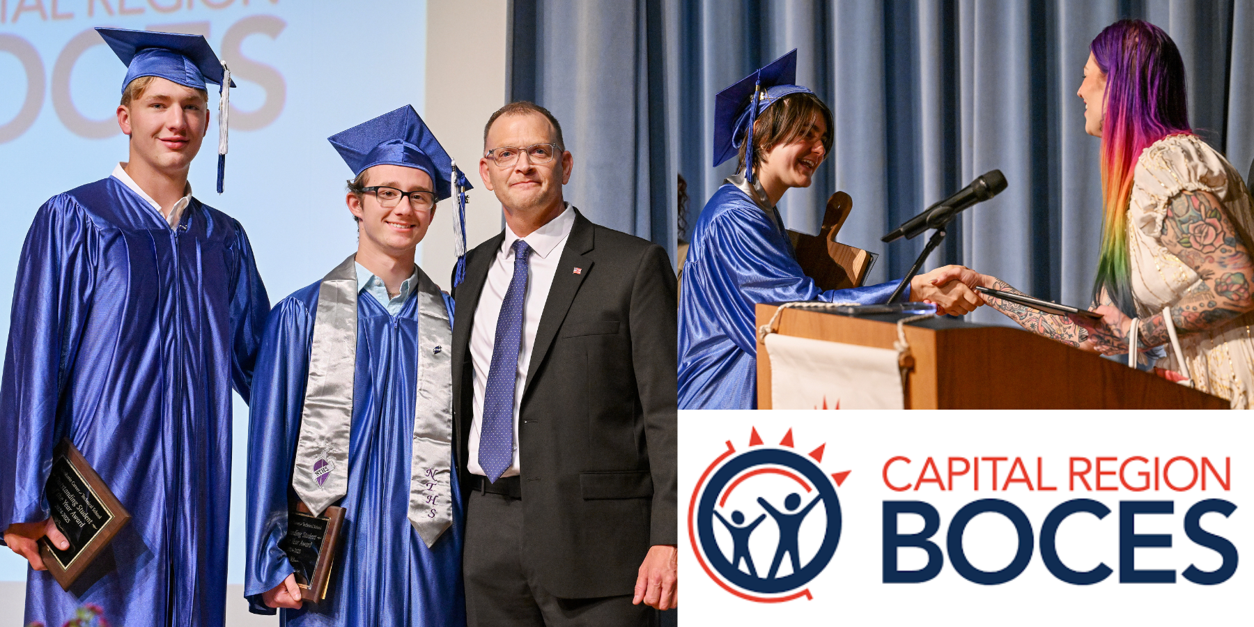 a montage of graduates earning degrees and awards
