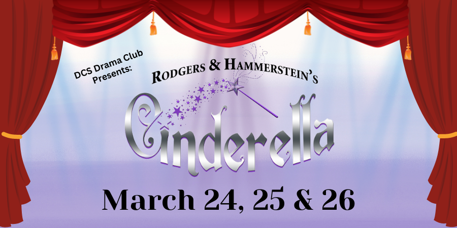 a logo for the play Cinderella is used in a graphic with theatrical curtains around the edge of the graphic