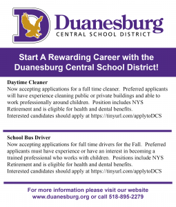 a purple and gold graphic with details about an open position for a cleaner and another for a bus driver