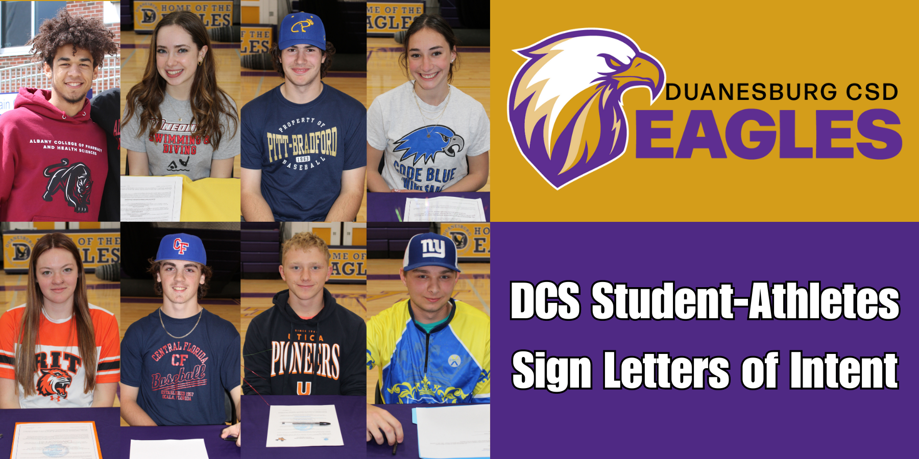 photos of eight students wearing collegiate branded shirts