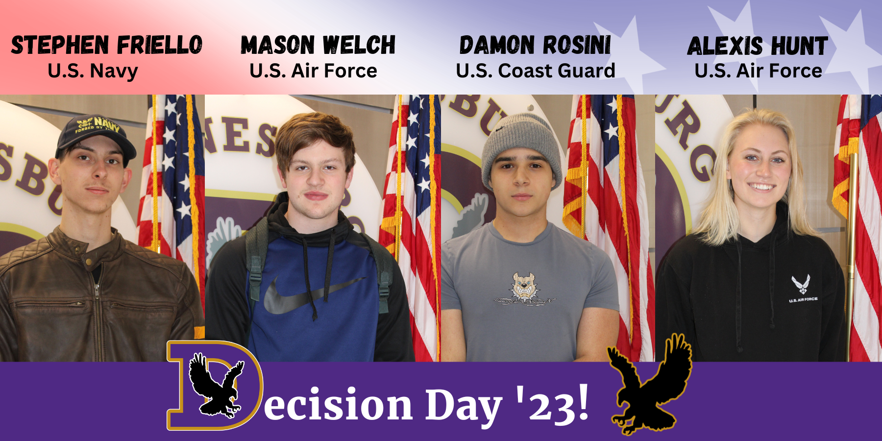 four students pose in front of the American flag