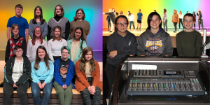 student actors pose on a theatrical stage with a rainbow colored background behind them
