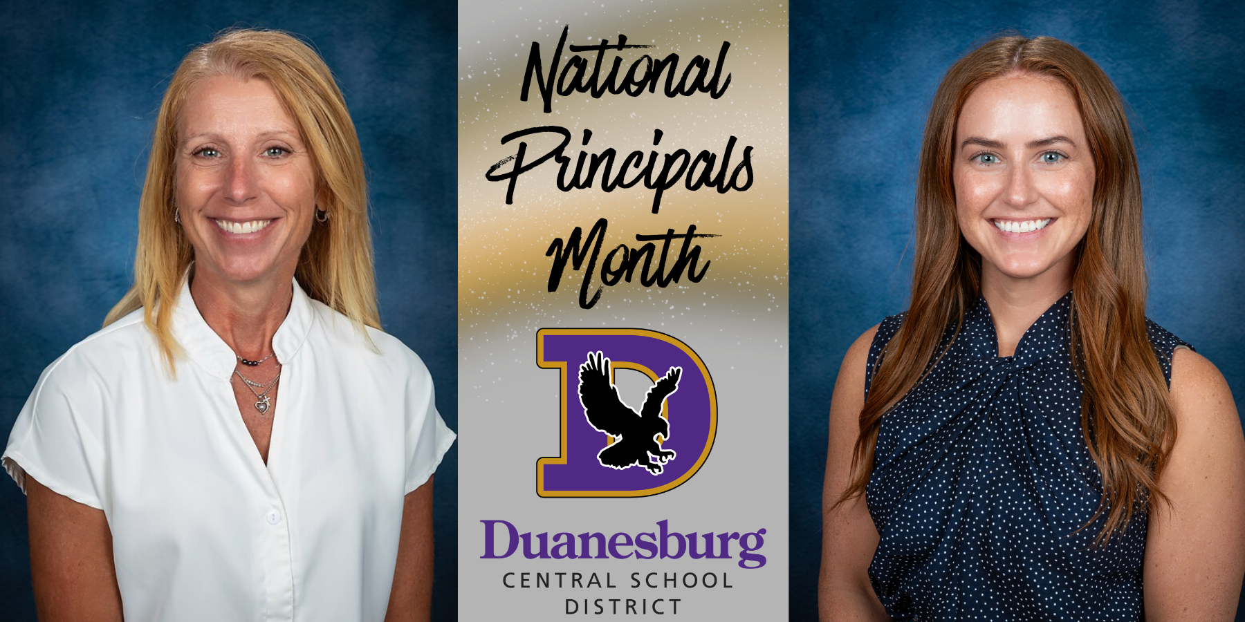 two women pose for the camera with the accompanying text "National Principals Month" and a purple school logo