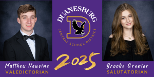 a male and female student in formal wear are embedded into a graphic with the school logo
