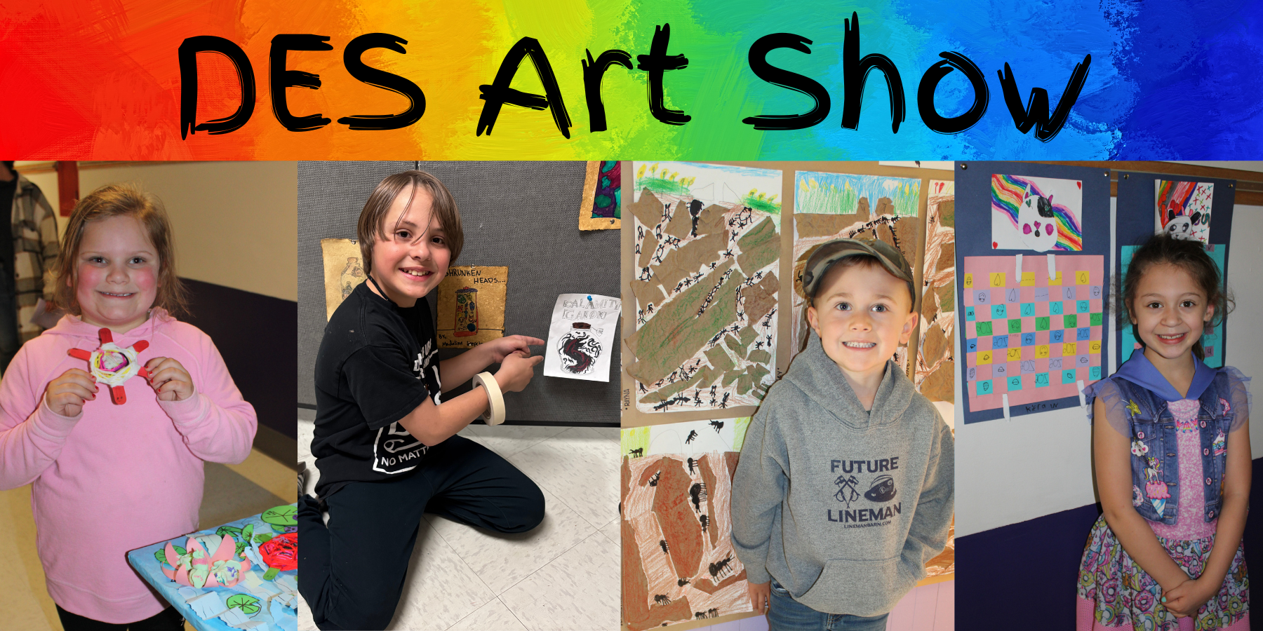 four young students show their artwork with a background of rainbow colors and the text "DES Art Show"