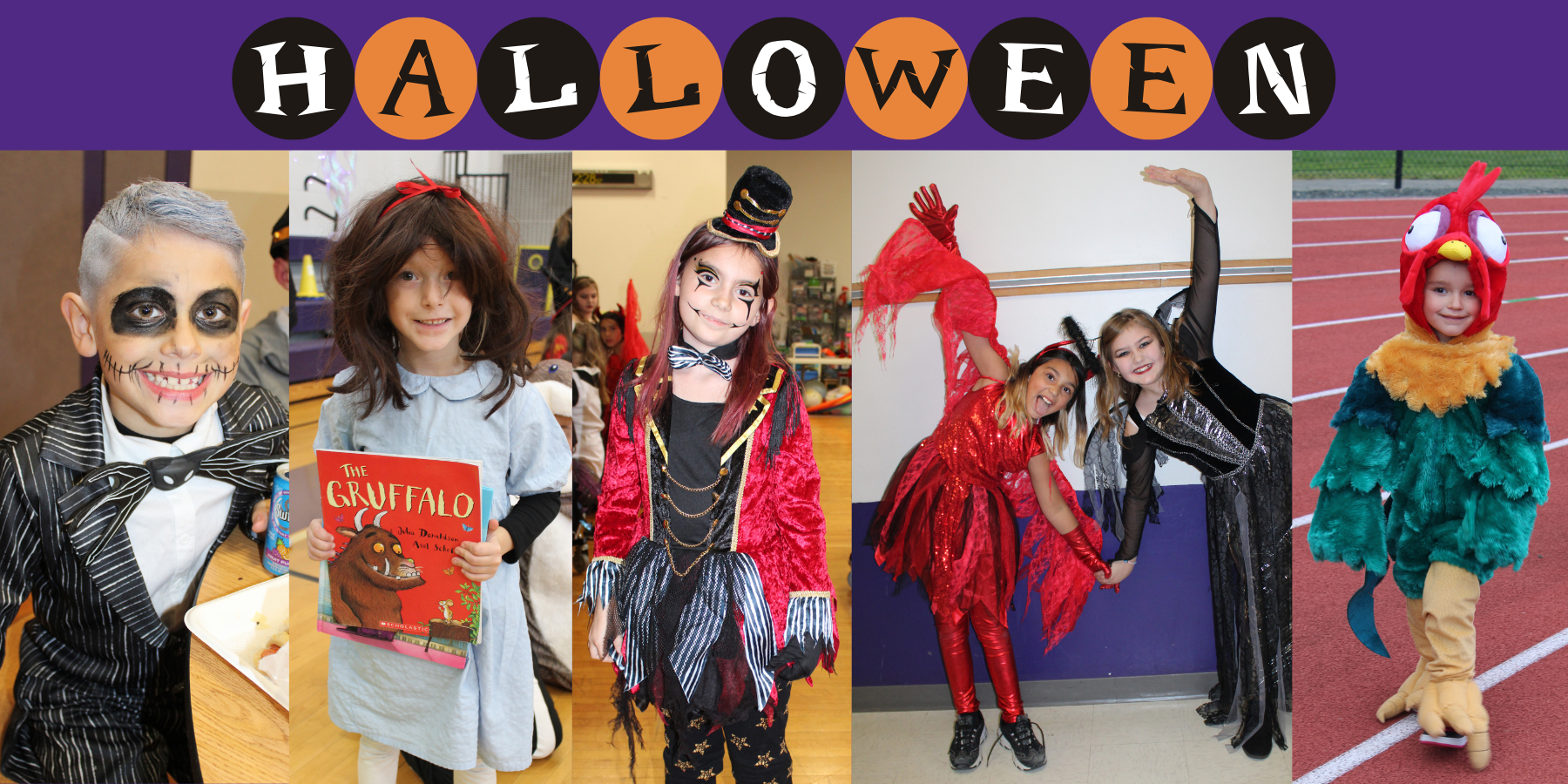 a montage of young students dressed in Halloween costumes