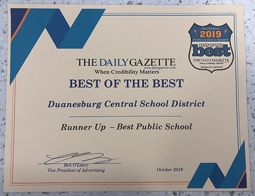 Daily Gazette award certificate saying Runner Up - Best Public School