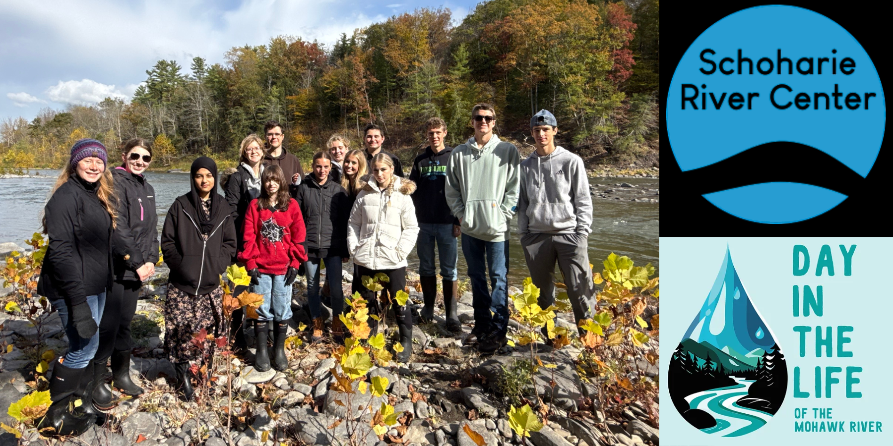 students stand on the bank of a creek with logos for "Schoharie River Center" and "Day int eh Life"
