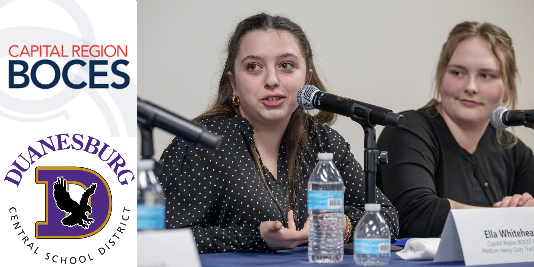 a young woman talks into a microphone, in a graphic that includes two logos