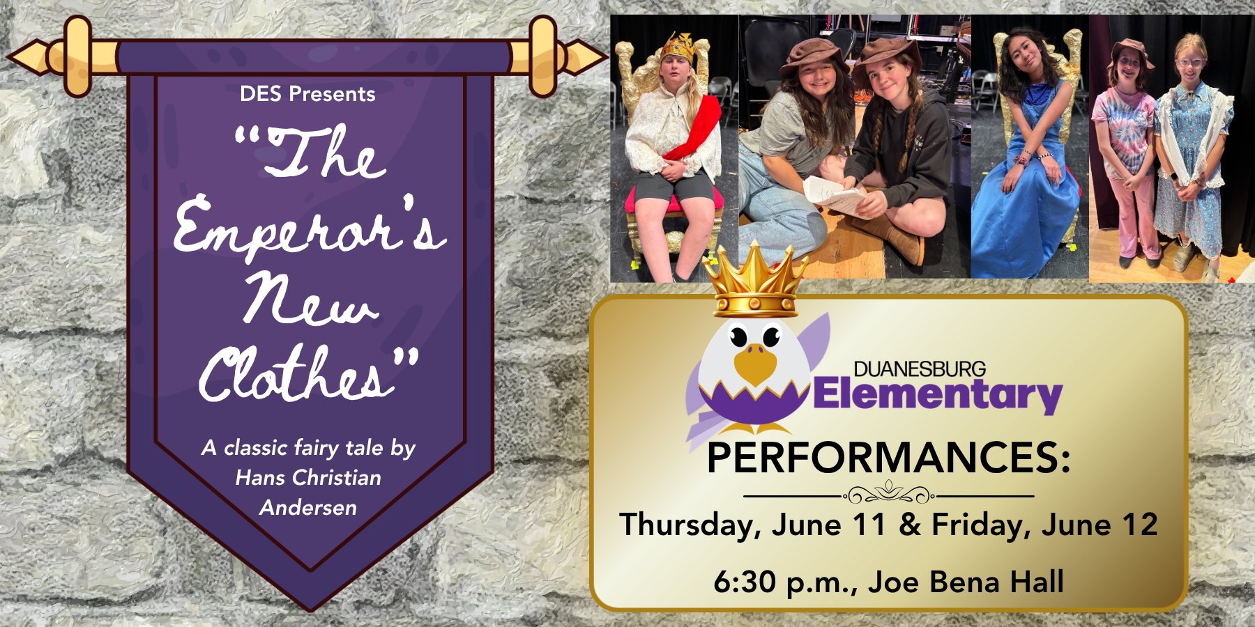 a graphic that shows a "The Emperor's New Clothes" with performances on Thursday, June 11 and Friday, June 12