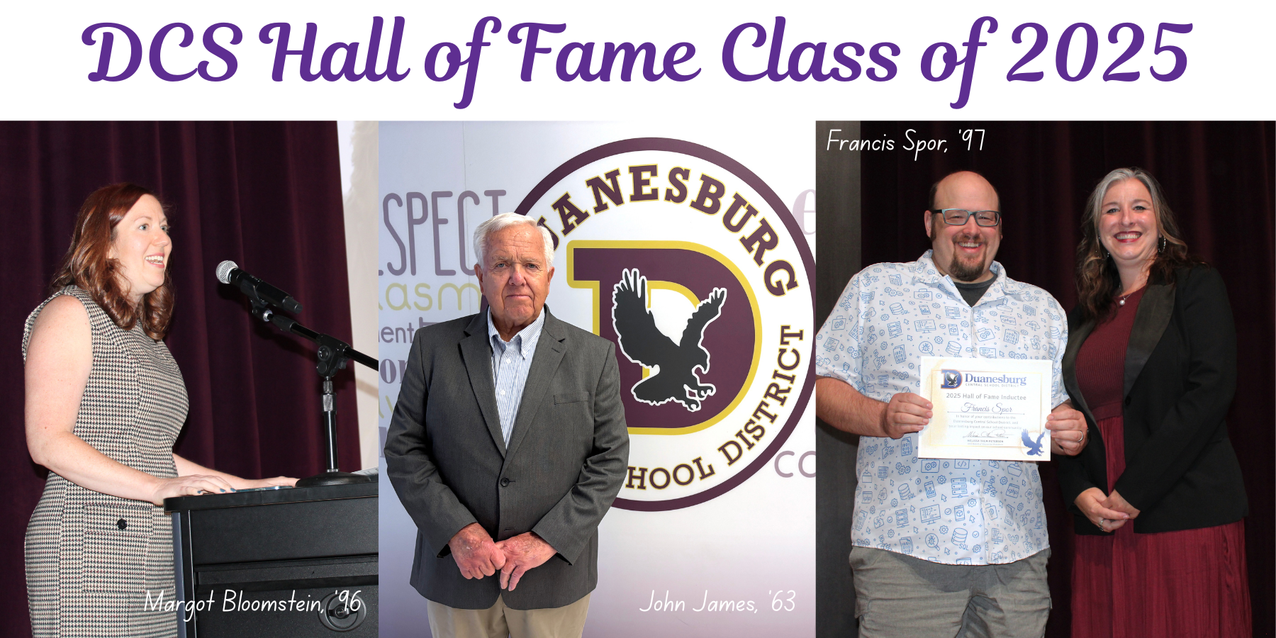 a woman and two men are shown receiving awards with the accompanying text, "DCS Hall of Fame Class of 2025"