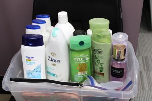 toiletries are shown in a bin