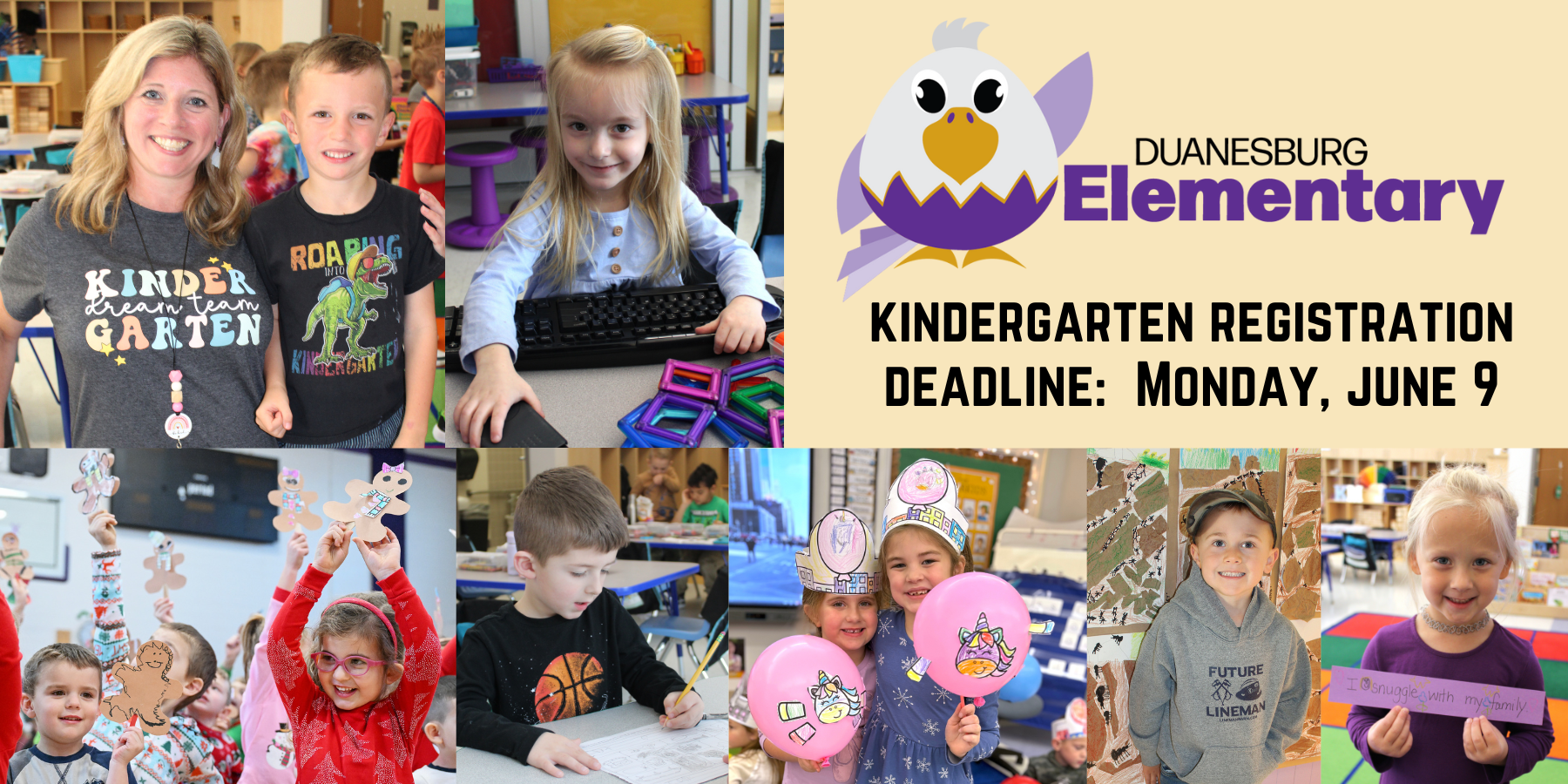 a montage of young students with an eagle logo and the text "Kindergarten registration deadline:   Monday, June 9"