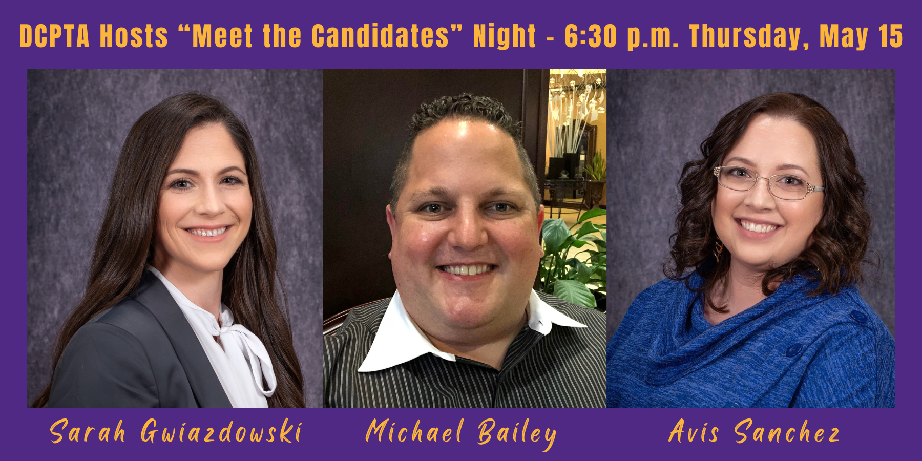 two women and a man pose with a purple background; yellow text lists the people's names