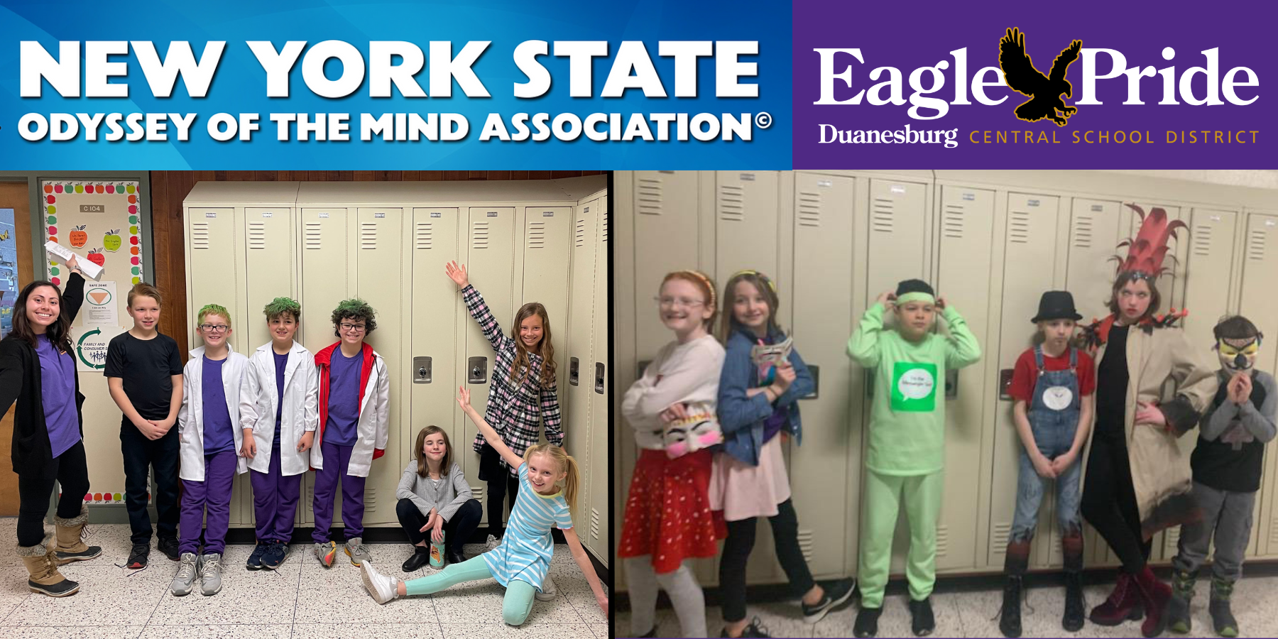 two groups of elementary students pose in costume in front of a bay of lockers