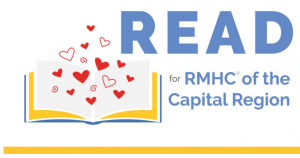 a logo for the Ronald McDonald House shows a graphic of a book with hearts in it