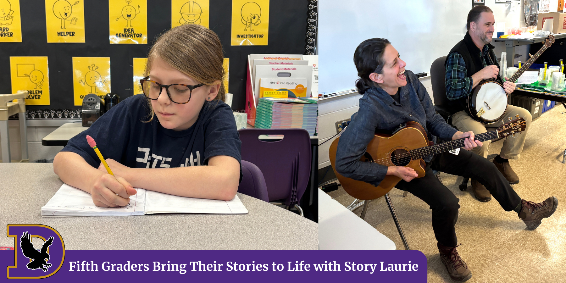 a young girl writes in a notebook, along side a woman playing guitar and a man playing banjo, with text that reads "Fifth Graders Bring Their Stories to Life with Story Laurie."