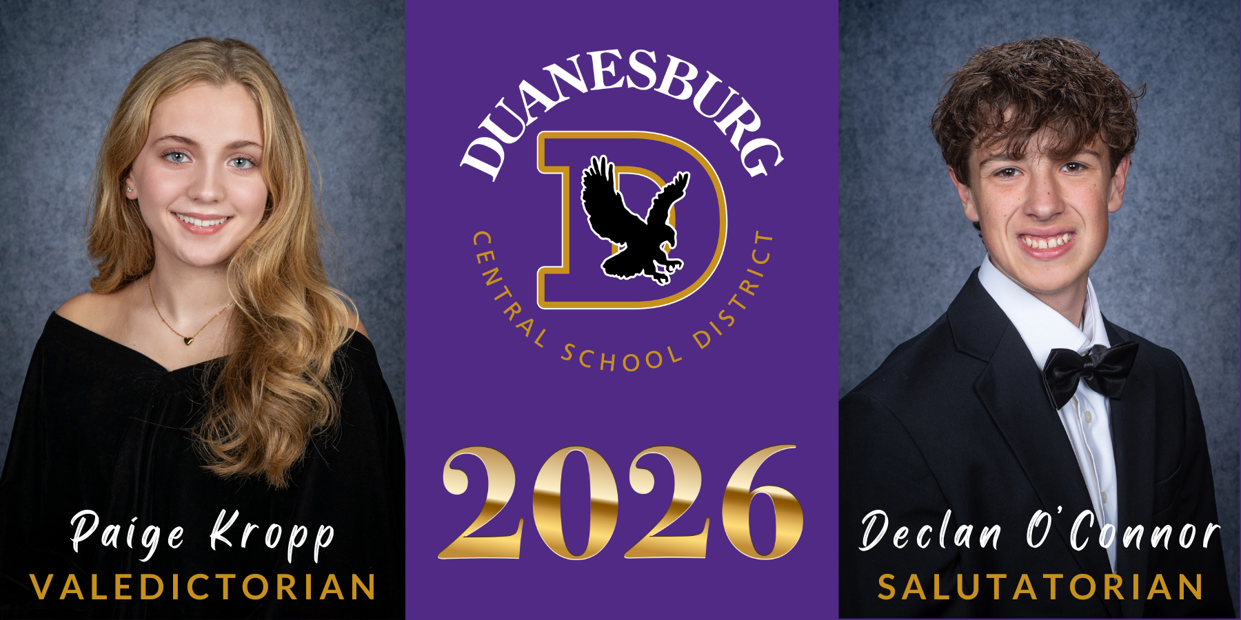 a graphic with a purple background that shows a school logo and the picture of two students - a blonde young woman wearing a black dress and a dark haired young man wearing a tuxedo