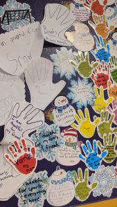 a close-up view of a collage on a bulletin board showing paper cutouts of handprints on white paper and colored paper showing handwritten notes from students sharing what they are thankful for