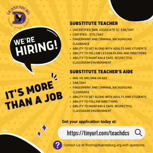 Duanesburg is hiring - substitute teachers and substitute teacher aides 2021  